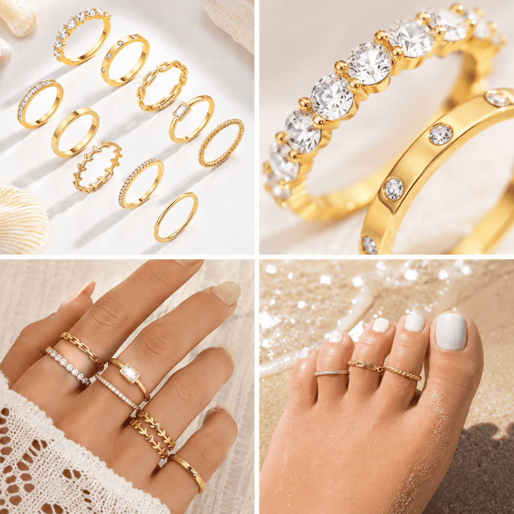 10PCS K14 Gold Plated Copper Alloy Ring Set, Summer Finger and Toe Rings for Women, Beach Stackable Jewelry