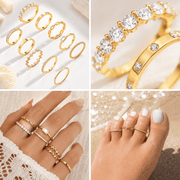 10PCS K14 Gold Plated Copper Alloy Ring Set, Summer Finger and Toe Rings for Women, Beach Stackable Jewelry