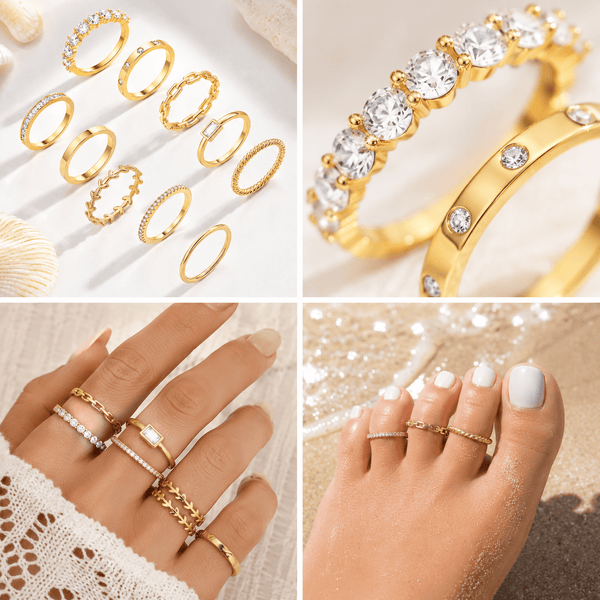 10PCS K14 Gold Plated Copper Alloy Ring Set, Summer Finger and Toe Rings for Women, Beach Stackable Jewelry