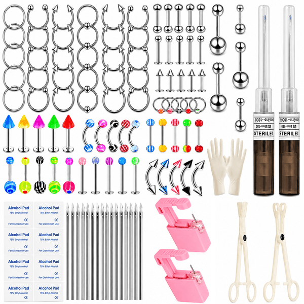 Complete Body Piercing Tool Kit with Disposable Ear Piercing Units Clamps Gloves & Mixed Stainless Steel Jewelry Rings for Nose Lip Belly