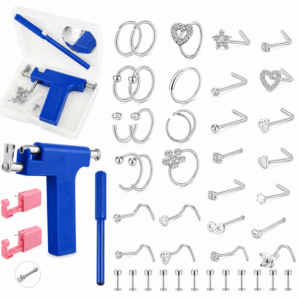 316 Stainless Steel Ear Studs & Nose Ring Jewelry Set With Piercing Tool Kit, Multi-Style Silver Hoops, Nose Studs & Labret Studs, Fashion Body Jewelry Accessories For Women Men