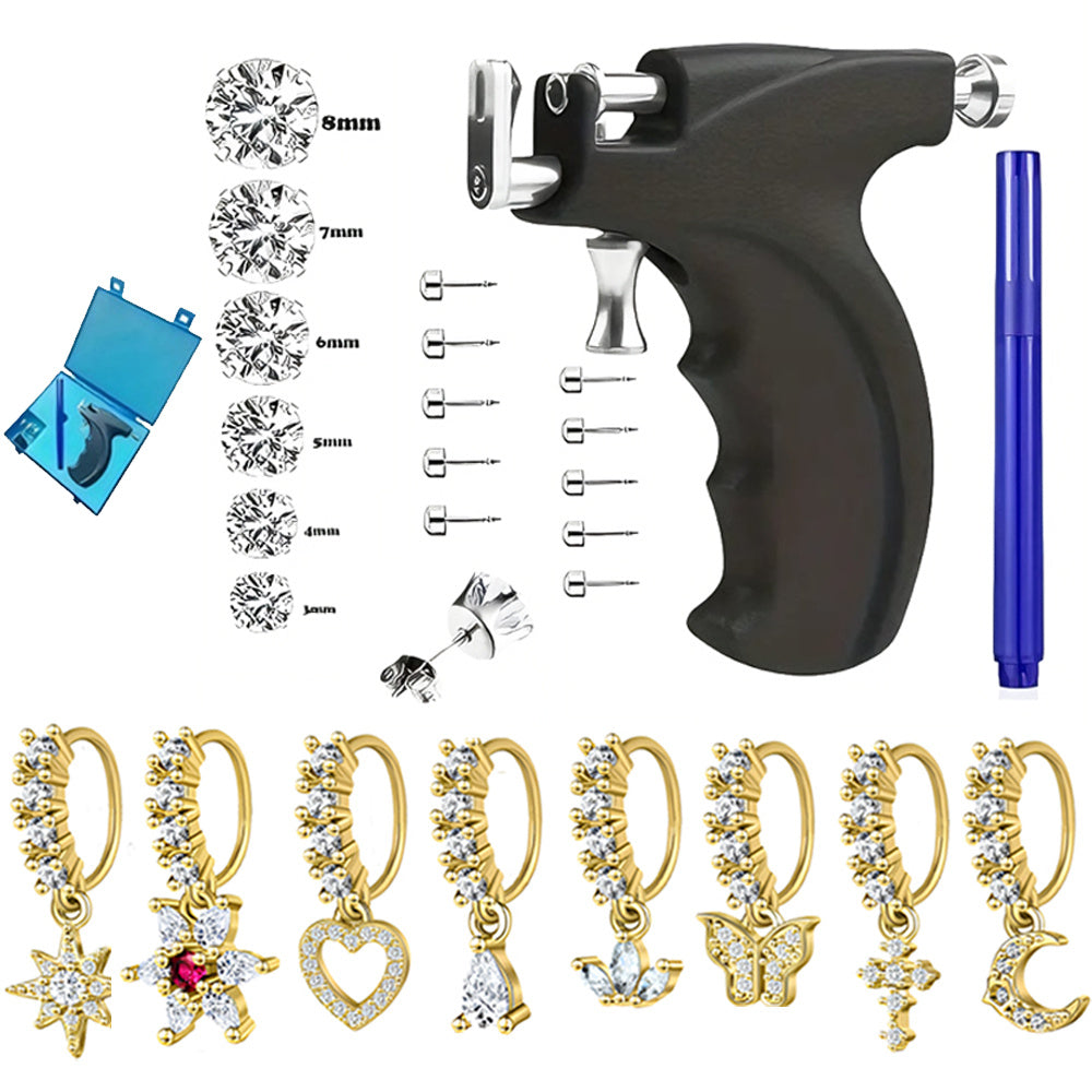 Complete Ear & Nose Piercing Gift Set: 1 Reusable Black Gun + 18pcs Body Jewelry (Stainless Steel Earrings & 14K Gold Nose Hoops) - Easy-to-Style DIY Piercing Tool for Beginners - Christmas Present