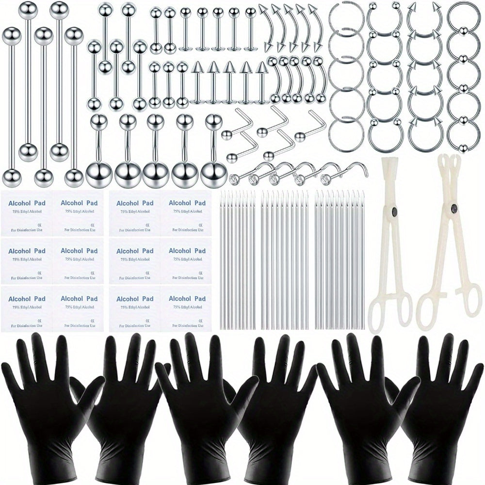 120PCS Stainless Steel Ear Stud & Body Jewelry Accessory Set, Unisex Style
