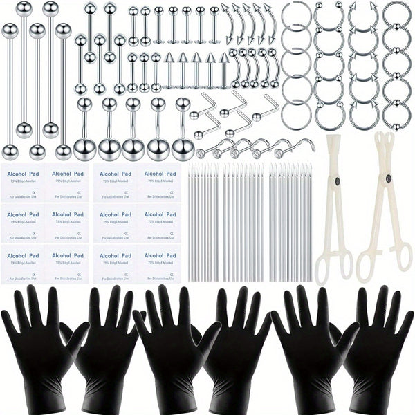 120PCS Body Piercing Kit Stainless Steel Finish 14G 16G 20G BCR CBR Labret Lip Rings Cartilage Daith Earrings Nose Septum Nose Studs Belly Button Rings Piercing Jewelry Accessory Pieces Gloves Clamps Tools
