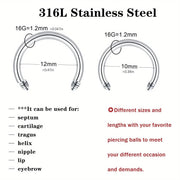214pcs Body Piercing Kit 14G 16G 316L Polished 316L 316L Stainless Steel Ear Nose Belly Rings Studs Set with Horseshoe Replacement Balls