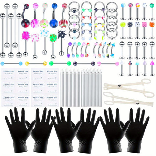 
  
    120PCS Body Piercing Kit Stainless Steel Finish 14G 16G 20G BCR CBR Labret Lip Rings Cartilage Daith Earrings Nose Septum Nose Studs Belly Button Rings Jewelry Accessory Pieces Gloves Clamps Tools
  
