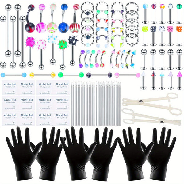 120PCS Stainless Steel Ear Stud & Body Jewelry Accessory Set, Unisex Style