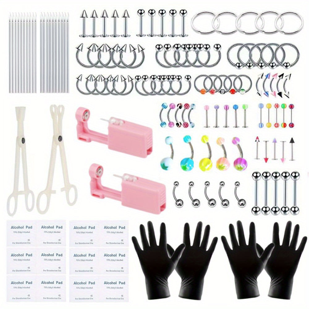 135PCS Stainless Steel Ear Stud & Body Jewelry Accessory Set, Unisex Style