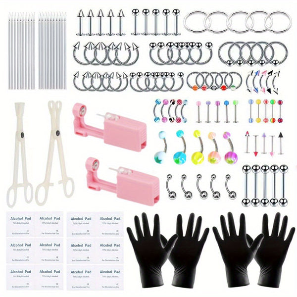 135PCS Stainless Steel Ear Stud & Body Jewelry Accessory Set, Unisex Style