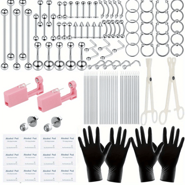 120PCS Stainless Steel Ear Stud & Body Jewelry Accessory Set, Unisex Style
