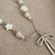 Zinc Alloy Bow Pendant Choker - Faux Pearl & Star Beads, Y2K Style