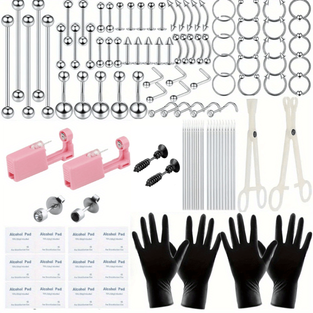 126PCS Stainless Steel Ear Stud & Body Jewelry Accessory Set, Unisex Style