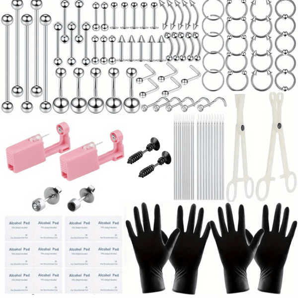 126PCS Stainless Steel Ear Stud & Body Jewelry Accessory Set, Unisex Style