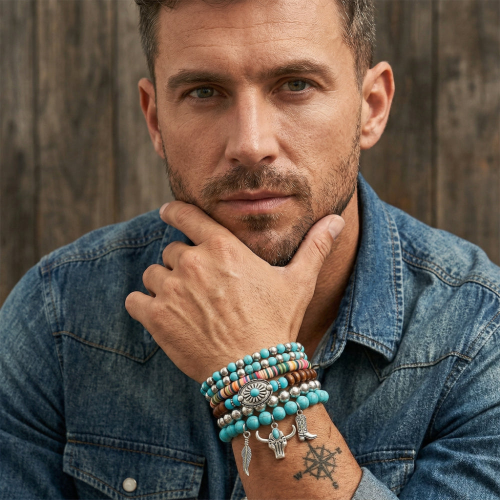 5PCS Men's Western Beaded Bracelet Set - Turquoise, Wood Beads & Bull Skull Charms
