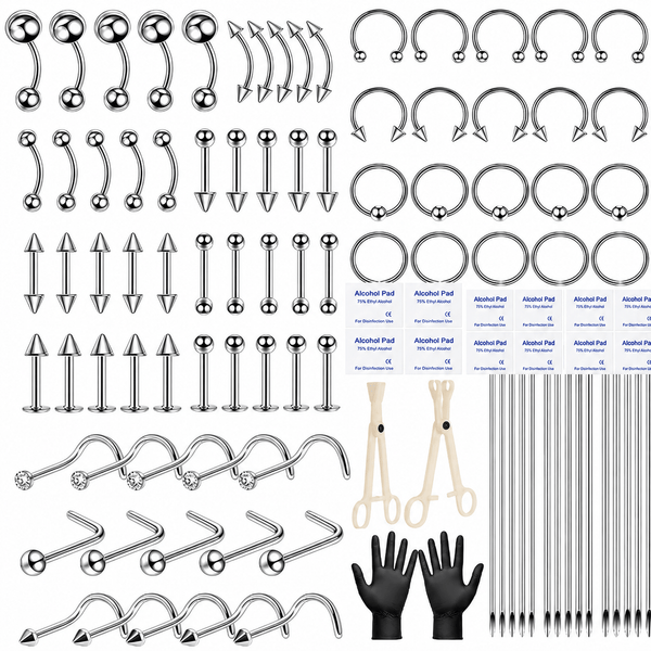 104PCS Body Septum Piercing Kit with 14G/16G/20G Piercing Accessory Pieces Piercing Jewelry and Tool Set for Ear Nose Belly Button Nipple Lip Cartilage Eyebrow Tongue Navel Piercing Kit for All Piercings