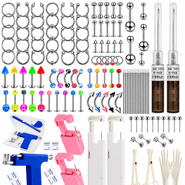 131PCS Body Piercing Jewelry Tool Set Upgraded Ear Piercer Pink Nose Piercing Tool Stainless Steel Horseshoe Rings Belly Lip Barbell Studs Body Art