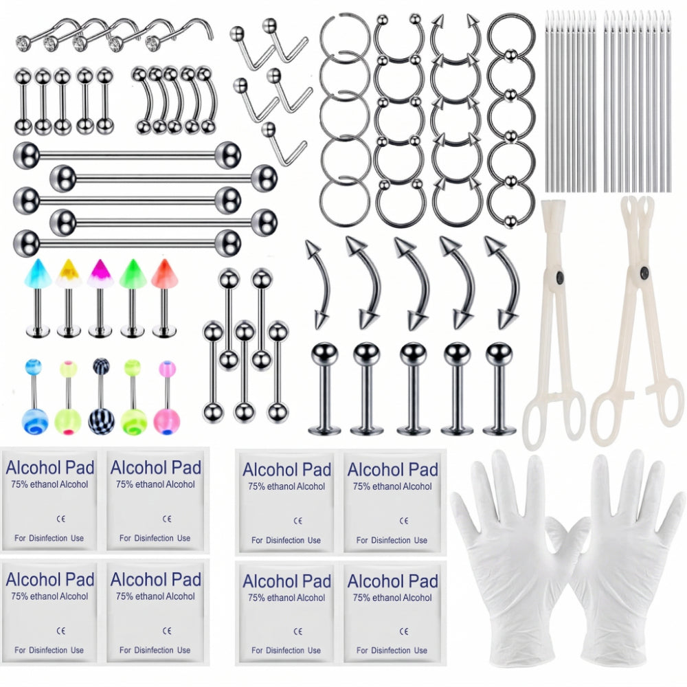 124PCS DIY Bold Body Piercing Kit Starter Set, Stainless Steel Piercing Jewelry Hoop Studs with Easy-to-Style Piercing Gun Tool, Accessory Pieces, Clamps for Cartilage Tragus Nose Septum