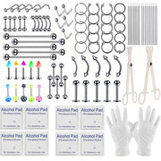 124PCS DIY Bold Body Piercing Kit Starter Set, Stainless Steel Piercing Jewelry Hoop Studs with Easy-to-Style Piercing Gun Tool, Accessory Pieces, Clamps for Cartilage Tragus Nose Septum