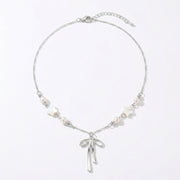 Zinc Alloy Bow Pendant Choker - Faux Pearl & Star Beads, Y2K Style