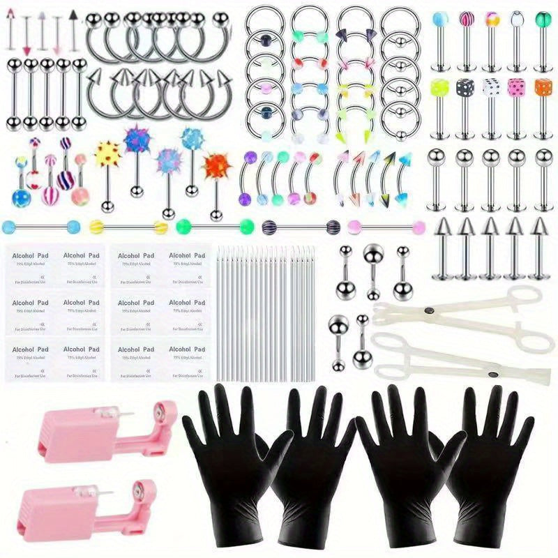 130PCS Stainless Steel Ear Stud & Body Jewelry Accessory Set, Unisex Style