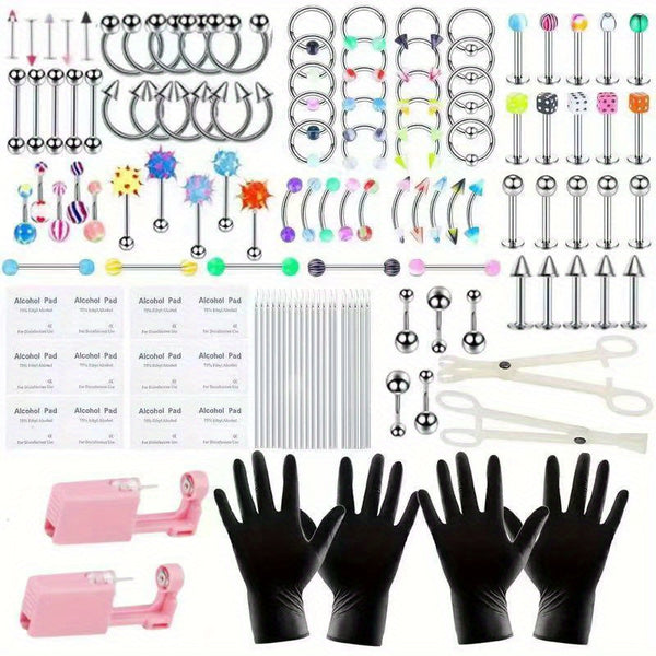 130PCS Stainless Steel Ear Stud & Body Jewelry Accessory Set, Unisex Style