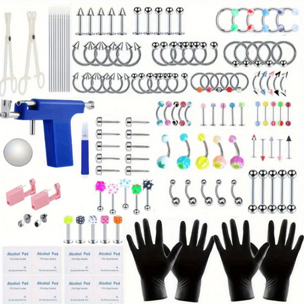 160PCS colorful body piercing super set, ear piercing gun set, a pair of pink piercers, including 10 pairs of earrings, 14G and 16G steel accessory pieces, barbell capture rings, dice tongue studs, circular capture rings (CBR), labret lip rings, cartilage