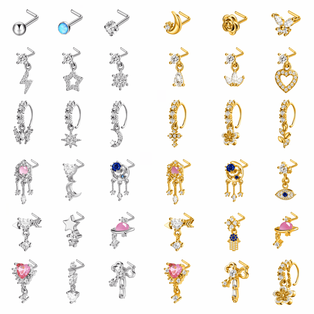 36PCS Copper Alloy Dual-Use Nose Rings & Earrings Set, K14 Gold Plated Silver Plated CZ Crystal Piercing Jewelry for Women