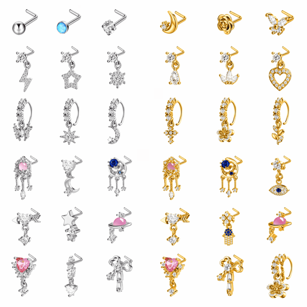 36PCS Copper Alloy Dual-Use Nose Rings & Earrings Set, K14 Gold Plated Silver Plated CZ Crystal Piercing Jewelry for Women