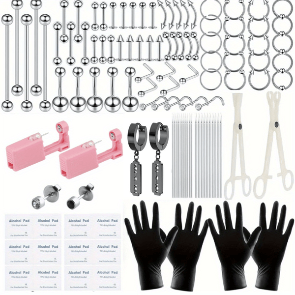 122PCS Stainless Steel Ear Stud & Body Jewelry Accessory Set, Unisex Style