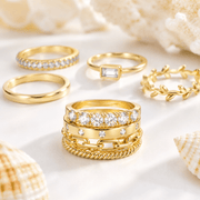 10PCS K14 Gold Plated Copper Alloy Ring Set, Summer Finger and Toe Rings for Women, Beach Stackable Jewelry