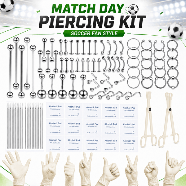 Match Day Body Piercing Jewelry Set, Stainless Steel Nose Rings, Lip Rings, Eyebrow Barbells, Cartilage Hoops & Studs, Silver Tone Accessories For Soccer Fans