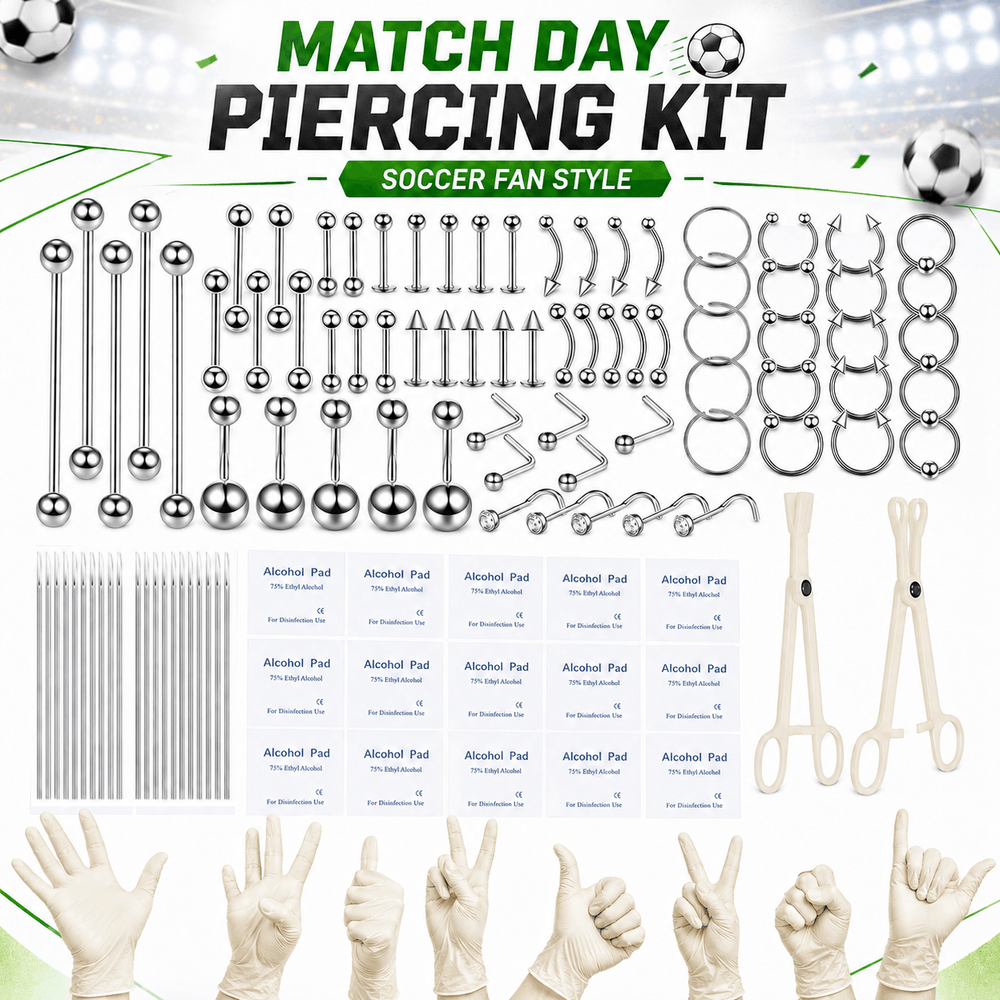 Match Day Body Piercing Jewelry Set, Stainless Steel Nose Rings, Lip Rings, Eyebrow Barbells, Cartilage Hoops & Studs, Silver Tone Accessories For Soccer Fans
