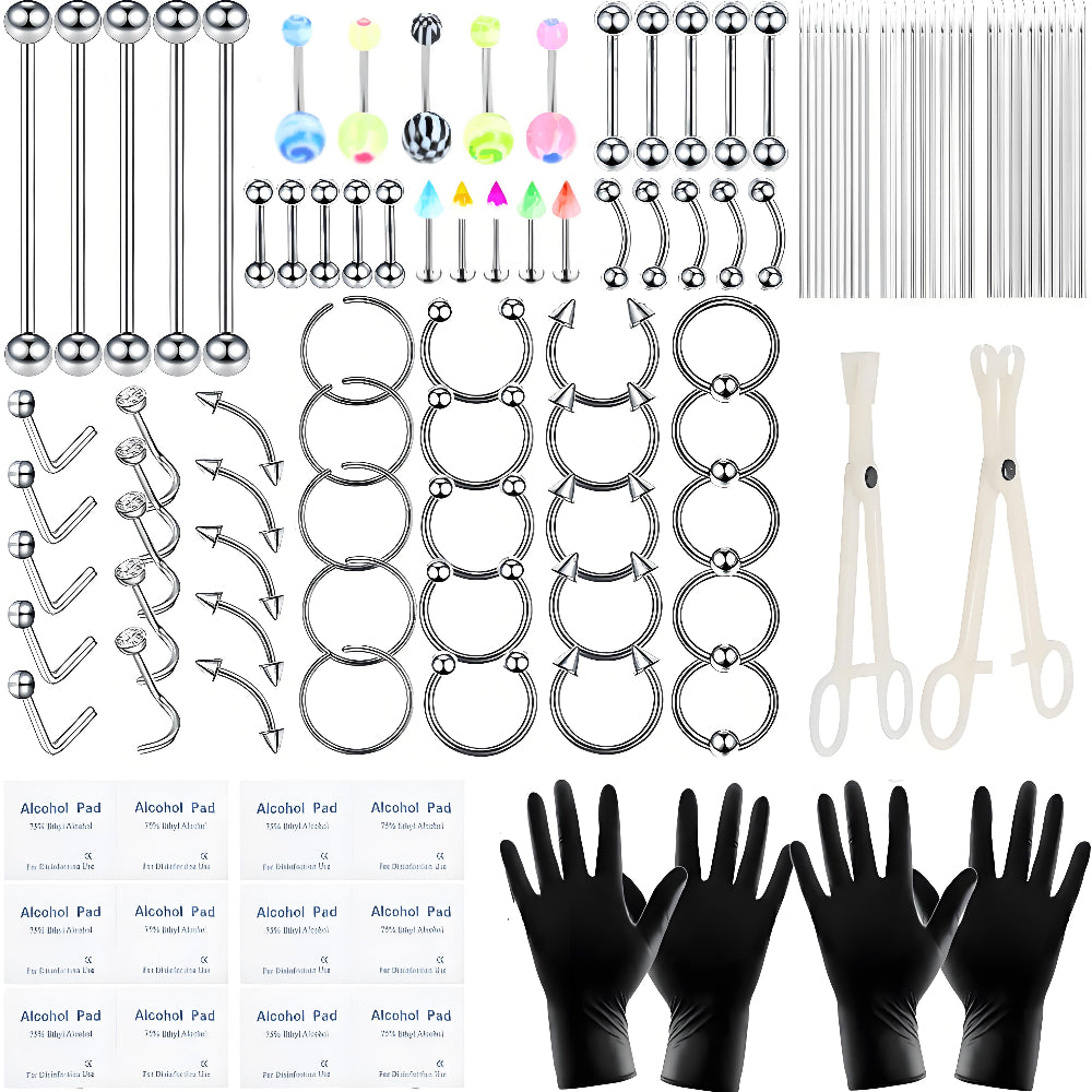 124PCS DIY Bold Body Piercing Kit Starter Set, Stainless Steel Piercing Jewelry Hoop Studs with Easy-to-Style Piercing Gun Tool, Accessory Pieces, Clamps for Cartilage Tragus Nose Septum