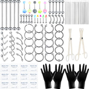 124PCS DIY Bold Body Piercing Kit Starter Set, Stainless Steel Piercing Jewelry Hoop Studs with Easy-to-Style Piercing Gun Tool, Accessory Pieces, Clamps for Cartilage Tragus Nose Septum