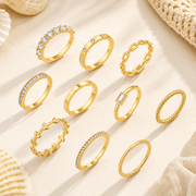 10PCS K14 Gold Plated Copper Alloy Ring Set, Summer Finger and Toe Rings for Women, Beach Stackable Jewelry