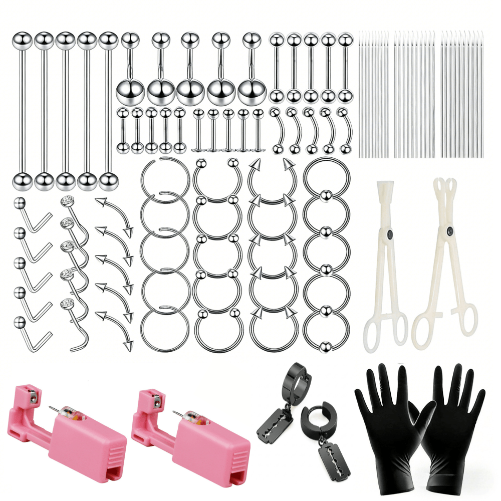 124PCS Complete Bold 316 Stainless Steel Finish Stainless Steel Body Piercing Kit with 10 Accessory Pieces, Assorted Jewelry, 2x Pink Disposable Self-Ear Piercing Guns, and Edgy Goth Style Black Titanium Razor Blade Dangle Earrings.