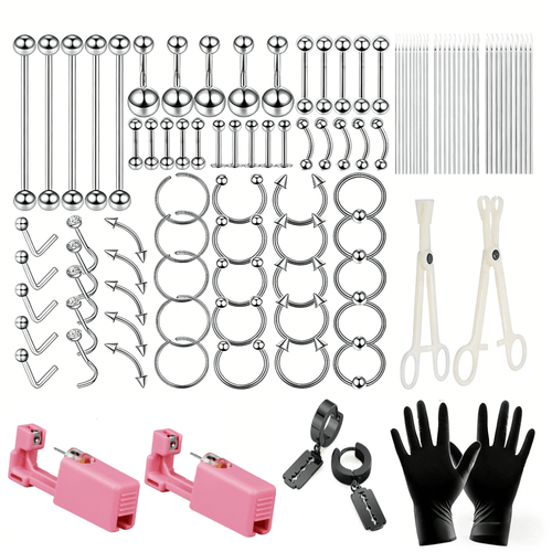 
  
    124PCS Complete Bold 316 Stainless Steel Finish Stainless Steel Body Piercing Kit with 10 Accessory Pieces, Assorted Jewelry, 2x Pink Disposable Self-Ear Piercing Guns, and Edgy Goth Style Black Titanium Razor Blade Dangle Earrings.
  
