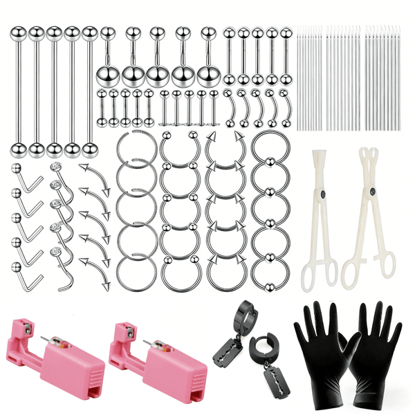 124PCS Complete Bold 316 Stainless Steel Finish Stainless Steel Body Piercing Kit with 10 Accessory Pieces, Assorted Jewelry, 2x Pink Disposable Self-Ear Piercing Guns, and Edgy Goth Style Black Titanium Razor Blade Dangle Earrings.