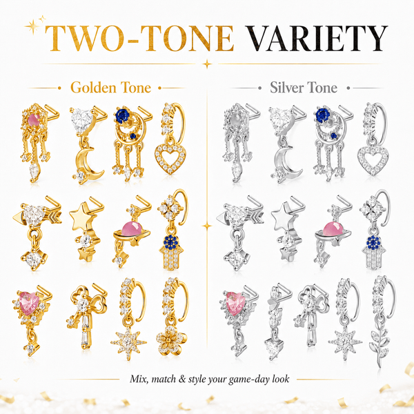 Copper Alloy Body Jewelry Set, 18PCS Nose Rings, Ear Studs, Cartilage Hoops & Piercing Accessories, K14 Gold Plated & Silver Plated Fashion Jewelry for Game Day and Party