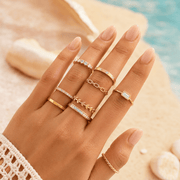 10PCS K14 Gold Plated Copper Alloy Ring Set, Summer Finger and Toe Rings for Women, Beach Stackable Jewelry