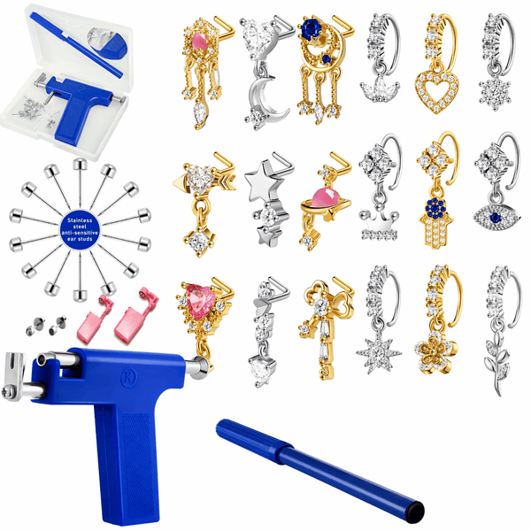 28PCS Ear Piercing Kit with Copper Alloy Nose Rings & Earrings, K14 Gold Color & Silver Color Charm Jewelry Set for Women