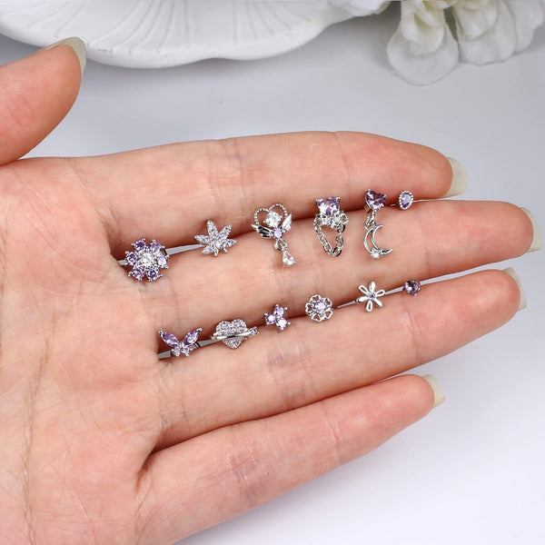 12 PCS 20G Nose Rings Stainless Steel Finish Stainless Steel, L Shaped Nose Studs for Women Men, CZ Heart Butterfly Flower Leaf Moon Dangle Cute Nose Piercings Studs Screw Jewelry Pink/Purple/Blue/Clear