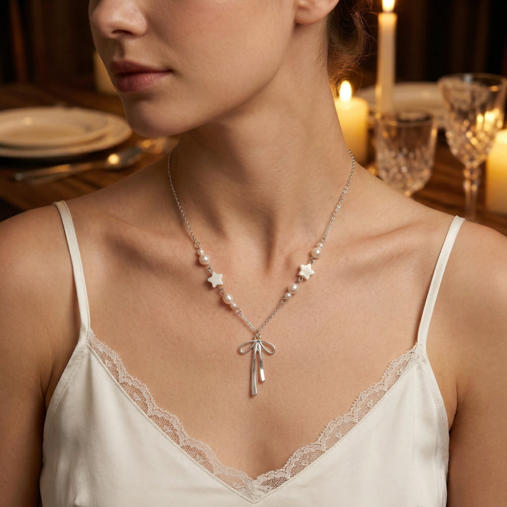 Zinc Alloy Bow Pendant Choker - Faux Pearl & Star Beads, Y2K Style
