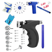 Bold piercing kit, including a black bold piercing gun, a blue piercing gun, a pink nose piercing tool, a reusable ear piercing gun, 20 pairs of earrings, and nose/body piercing tools.