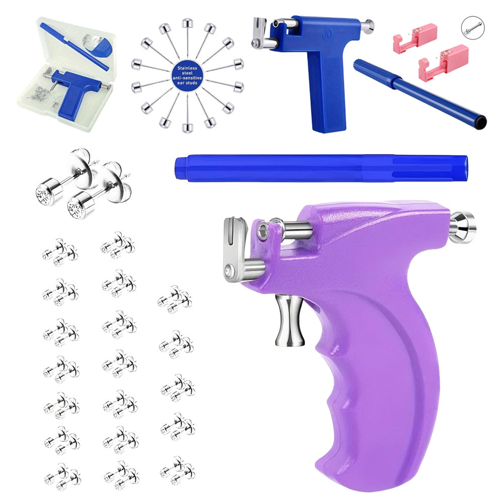 Bold ear piercing gun super kit, including 40 pairs of medical rainbow gun-style ear studs, a blue ear stud gun, and 2 nose studs, suitable for home, body, nose, and beauty salon ear piercing.