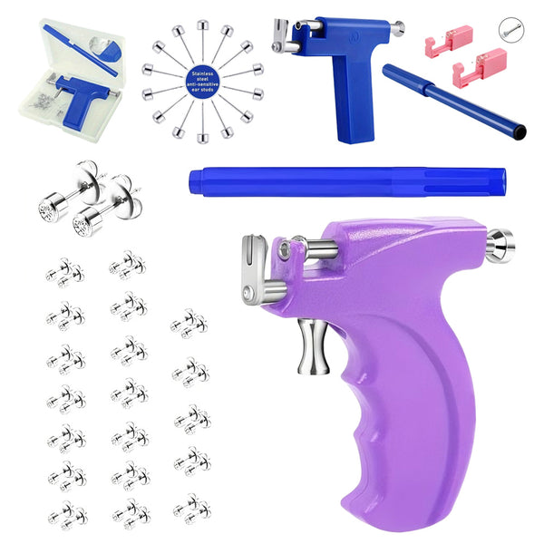 Bold ear piercing gun super kit, including 40 pairs of medical rainbow gun-style ear studs, a blue ear stud gun, and 2 nose studs, suitable for home, body, nose, and beauty salon ear piercing.