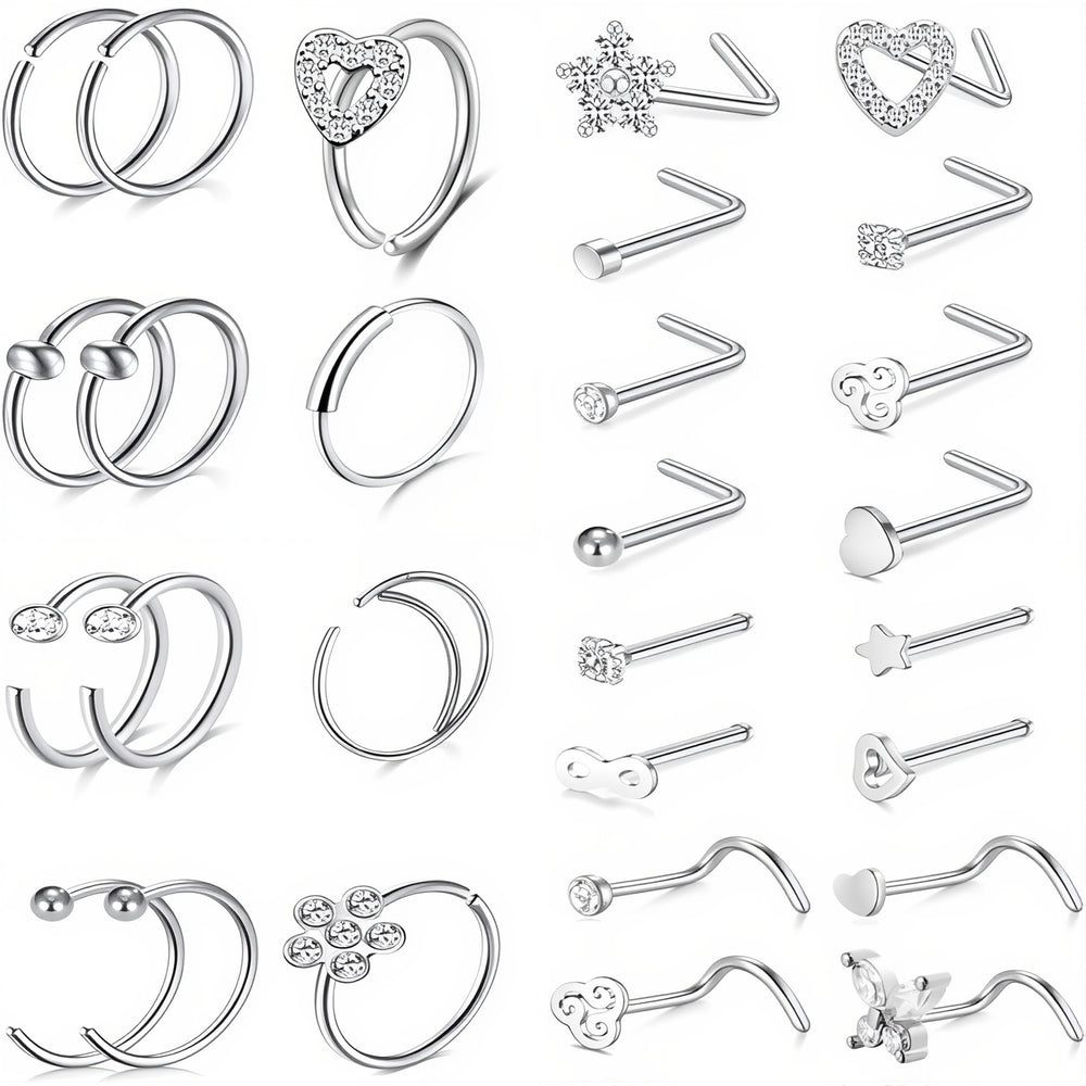 22Pcs Stainless Steel Nose Rings Studs Set for Women Men, L Shaped Nose Studs Bone Screw Nose Hoops 20G Piercing Jewelry Butterfly Heart Flower CZ Inlaid