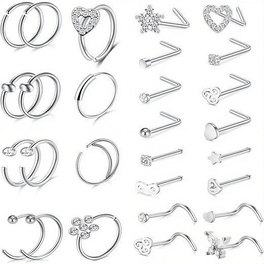 22PCS 20G Stainless Steel Nose Rings & Studs - L-Shaped, Bone, Screw & CZ Hoops