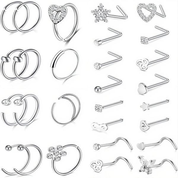 22Pcs Stainless Steel Nose Rings Studs Set for Women Men, L Shaped Nose Studs Bone Screw Nose Hoops 20G Piercing Jewelry Butterfly Heart Flower CZ Inlaid