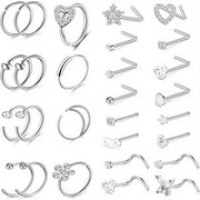 22Pcs Stainless Steel Nose Rings Studs Set for Women Men, L Shaped Nose Studs Bone Screw Nose Hoops 20G Piercing Jewelry Butterfly Heart Flower CZ Inlaid